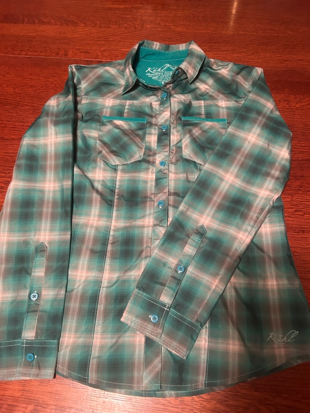 Kuhl Womens Teal and Gray Plaid Button-Down Shirt